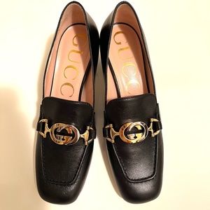 GUCCI Black Leather Zumi Mid Heel Loafer